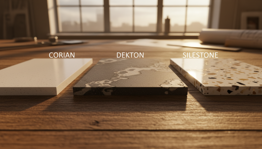 découvrez les différences entre corian, dekton et silestone pour choisir la surface idéale pour votre cuisine ou salle de bains.