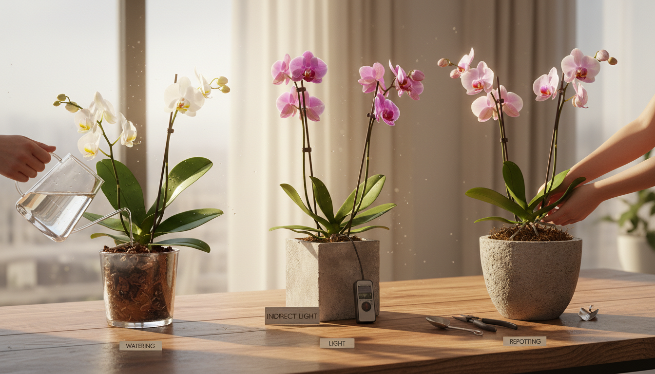 découvrez comment prendre soin de votre orchidée avec nos conseils pratiques sur l'arrosage, l'exposition à la lumière et le rempotage pour assurer une floraison durable et en santé.